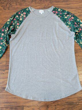 LULAROE Randy Gray Green Pink Floral Baseball Tee T-Shirt sz L EUC Spring Casual